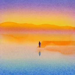 Watercolor illustration of a lone figure standing on a wooden pier overlooking a calm water body under a sunset sky.