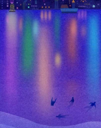 Colorful night illustration by Jean Mallard showing four swimmers in deep blue water beneath a harbor skyline with glowing reflections.