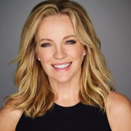 Portrait of a blonde woman smiling against a neutral grey background