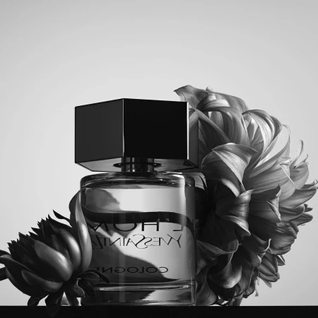 Black and white product photograph of a perfume bottle flanked by large draped flowers on a dark surface.