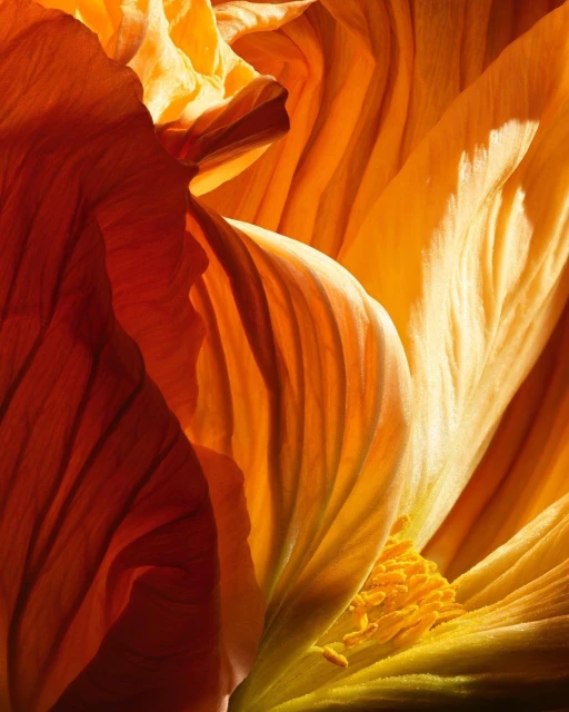 Close-up photograph of an orange flower reveals the textures and details of its petals, highlighting the floral patterns in warm tones.