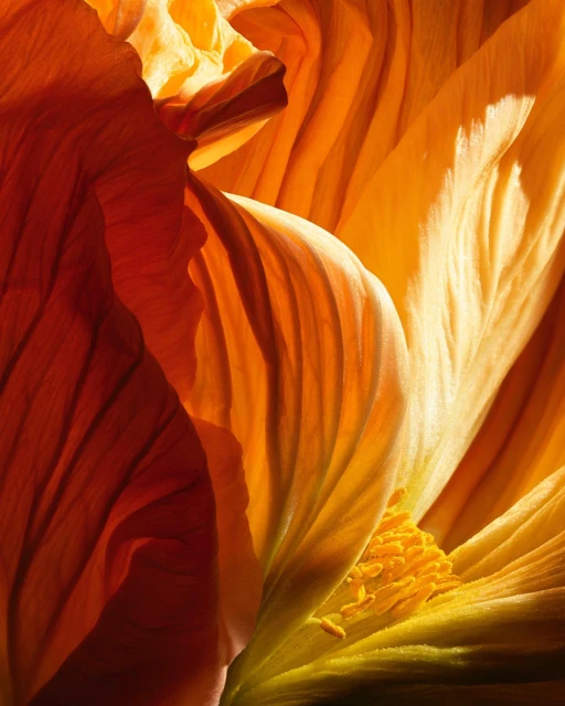 Macro close-up of a backlit, textured orange flower, revealing delicate petals and fine, yellow stamens, creating a warm, artistic floral abstract.