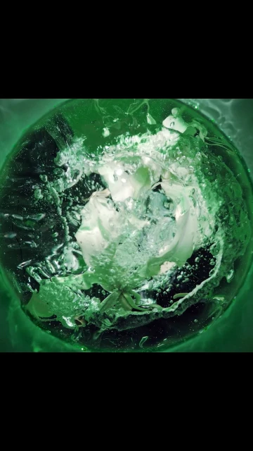 Underwater shot of a translucent sphere with green tint, water, and bubbles inside, captured with dramatic lighting.