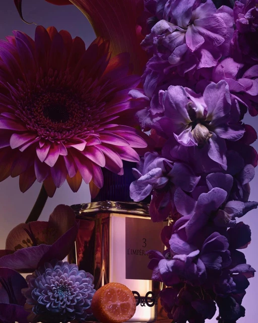 Product shot of Dolce & Gabbana L'Imperatrice perfume bottle surrounded by purple flowers and a sliced orange against a gradient background.