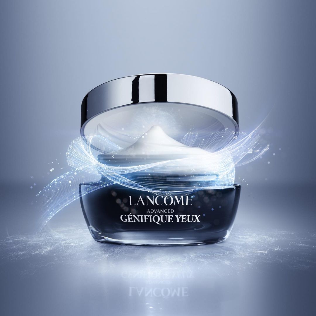 Lancôme Advanced Génifique Yeux eye cream in a black jar with a silver lid, accented by blue light trails against a gradient gray backdrop.