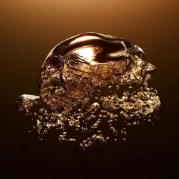 Close-up of a liquid droplet frozen mid-splash with amber and gold tones against a dark gradient background