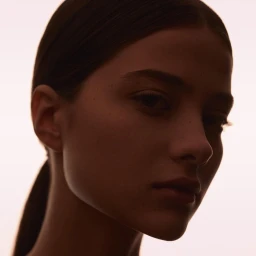 Close-up portrait of a woman with dark hair tied back against a bright light background