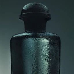 Close-up of a dark glass perfume bottle covered in water droplets with a rounded cap, shot in a moody dark studio.