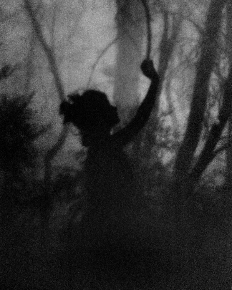 Silhouette of a child with arm raised holding a stick in an outdoor forest setting, black and white, blurred soft focus.