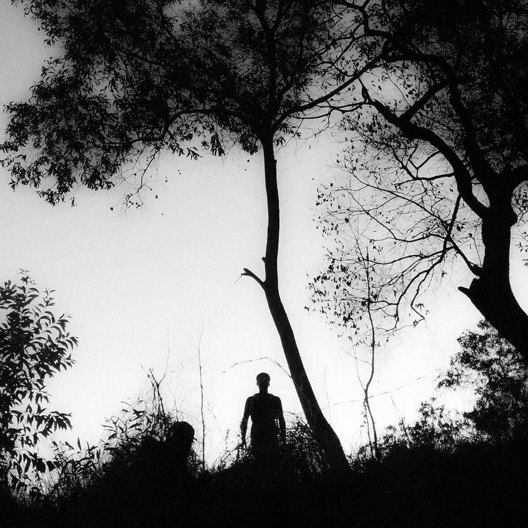 Monochromatic outdoor shot of a silhouetted figure under trees against a light sky, creating a high-contrast, natural landscape.
