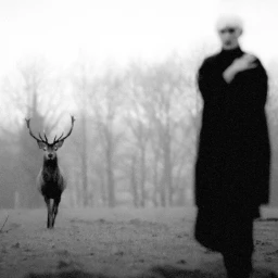Monochrome photograph of a person in a dark coat walking near a stag in a misty field