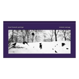 Black and white photograph of crows and a dog in a snowy winter landscape framed within a purple border.