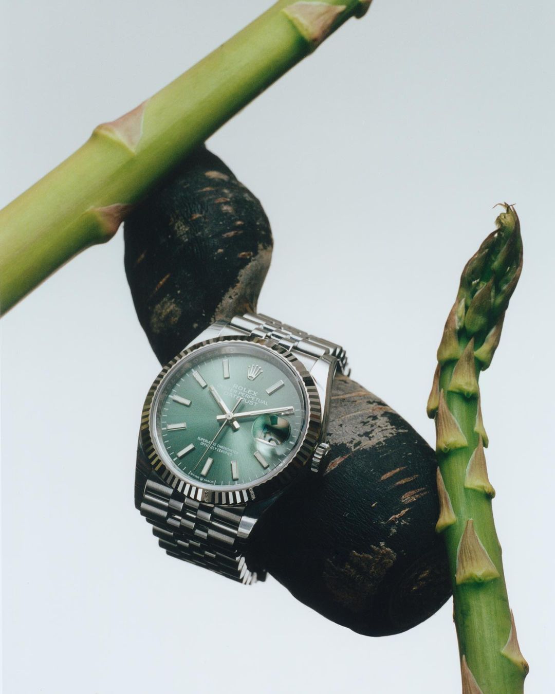 Luxury watch with a green dial and silver band is showcased with fresh green asparagus stalks on a neutral-toned background.