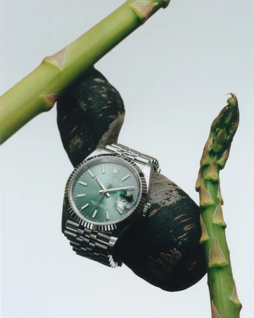 Luxury watch with a green dial and silver band is showcased with fresh green asparagus stalks on a neutral-toned background.