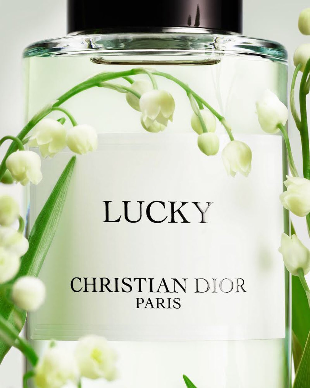 Close-up of a Christian Dior 'Lucky' perfume bottle with lily of the valley flowers, against a soft, white background.