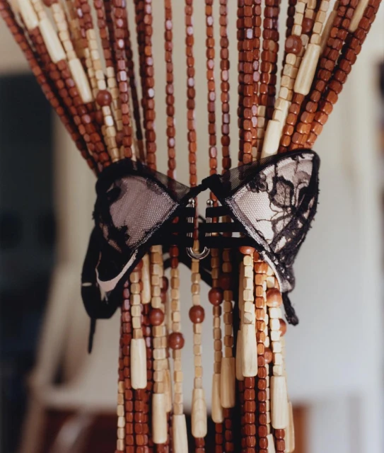 A close-up shot of a black lace bra tied to a beaded curtain with brown, tan, and white beads in an indoor setting with natural light.