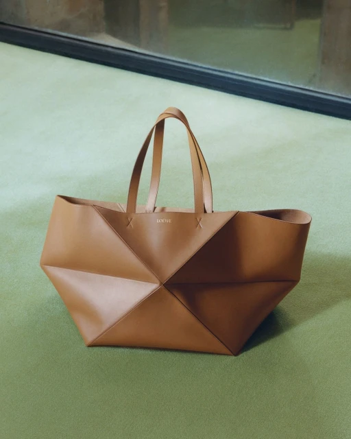 Geometric-design tan leather tote bag with handles on soft green surface in front of a window. Fashionable and high-quality.