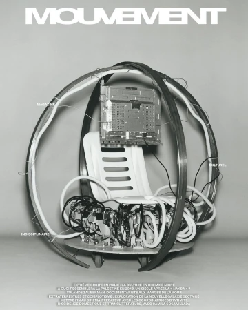 Monochrome image features a wired seat with what appears to be a magazine cover in the background and visible text throughout.