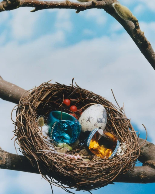 Bird's nest with gemstone rings and egg resting on a tree branch, against a blue sky backdrop with clouds in an outdoor setting.