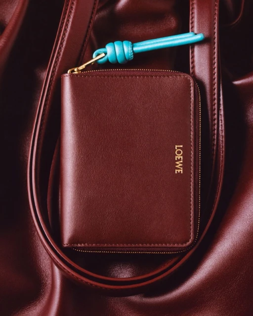 Burgundy leather wallet with gold Loewe logo and blue accent on a burgundy draped leather handbag strap; luxury fashion accessories.