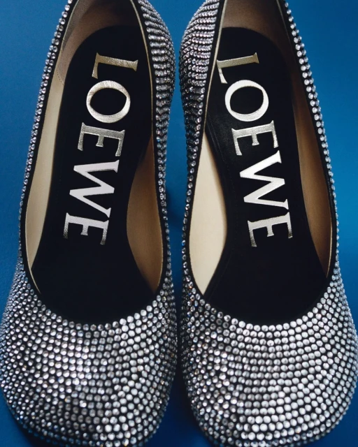 Elegant pair of silver Loewe high heels, showcasing luxury fashion footwear with shimmering embellishments and the brand logo.