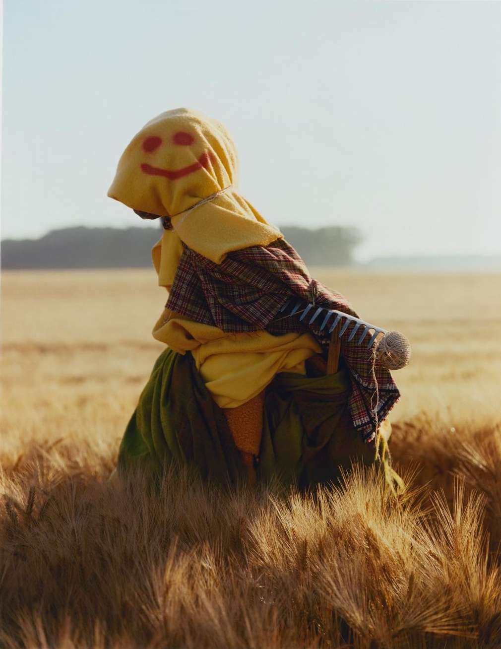 Scarecrow figure dressed in yellow and green clothing with a smiley face, standing in a golden field with a blurred background on a sunny day.