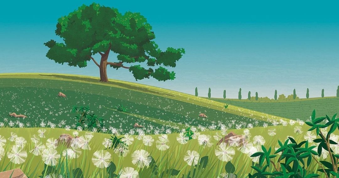 Illustration of a green meadow filled with dandelions, a large tree, and a clear blue sky, conveying a peaceful, natural scenery.