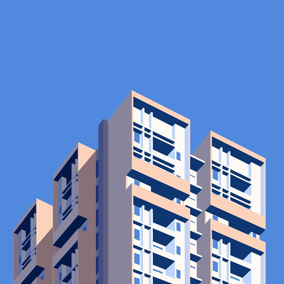 Low-angle vector illustration of a tall building with a blue sky background. Minimalist architecture graphic design in light blue and beige tones.
