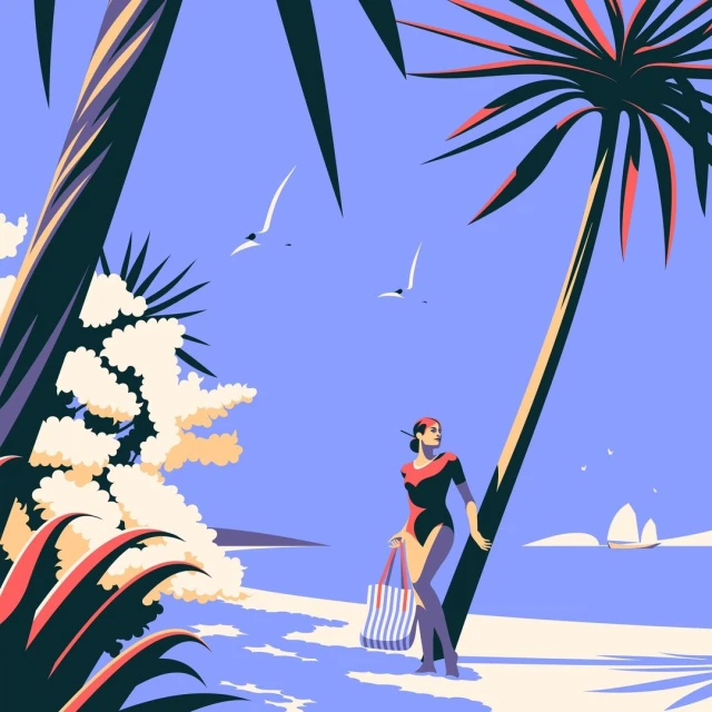 Illustration of a woman on a beach holding a striped bag, with palm trees, white sand, and blue sky in an illustration-style composition.