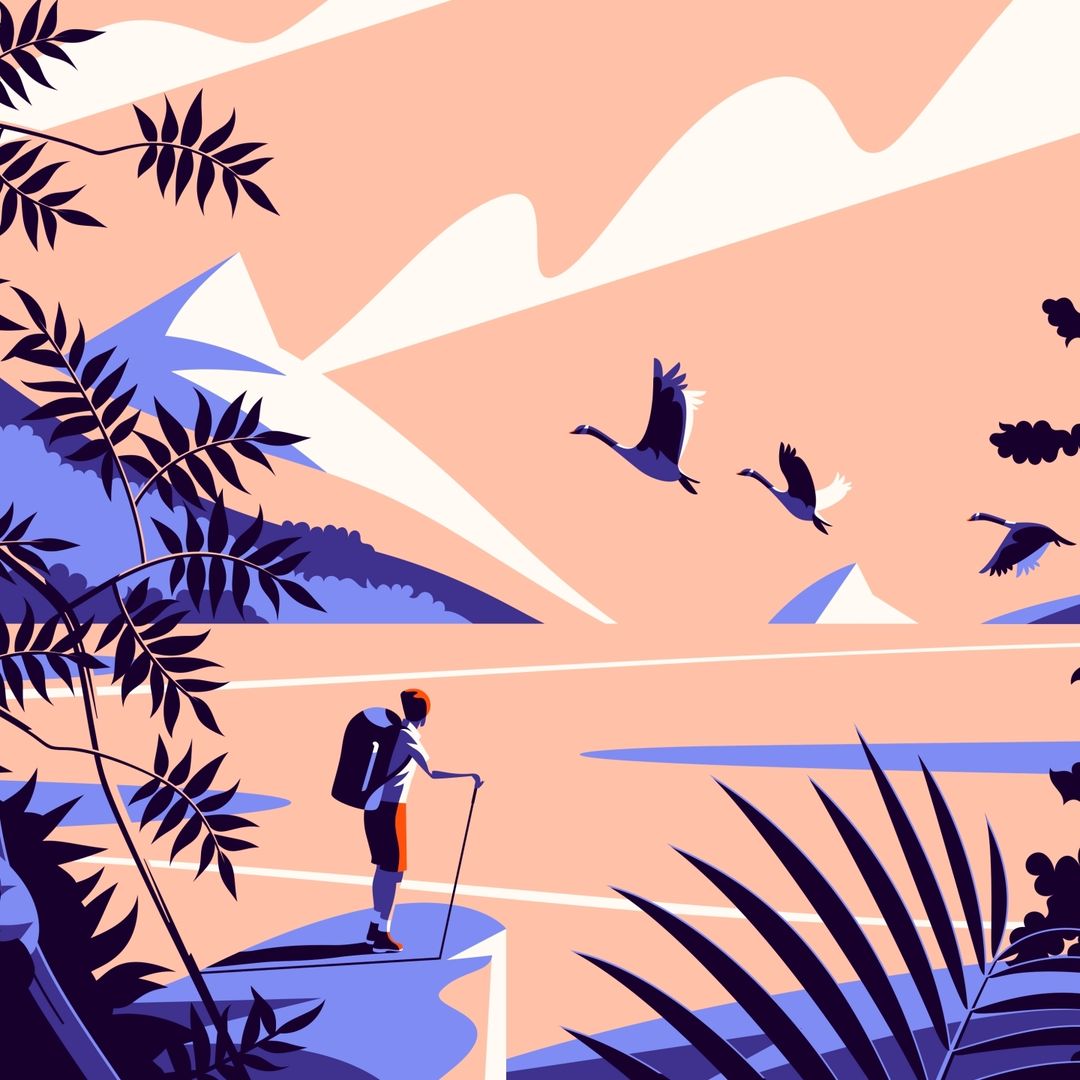 Illustration of a hiker on a cliffside with mountains and geese flying in the sky; rendered in a retro, stylized art style.