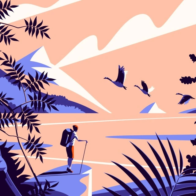 Illustration of a hiker on a cliffside with mountains and geese flying in the sky; rendered in a retro, stylized art style.