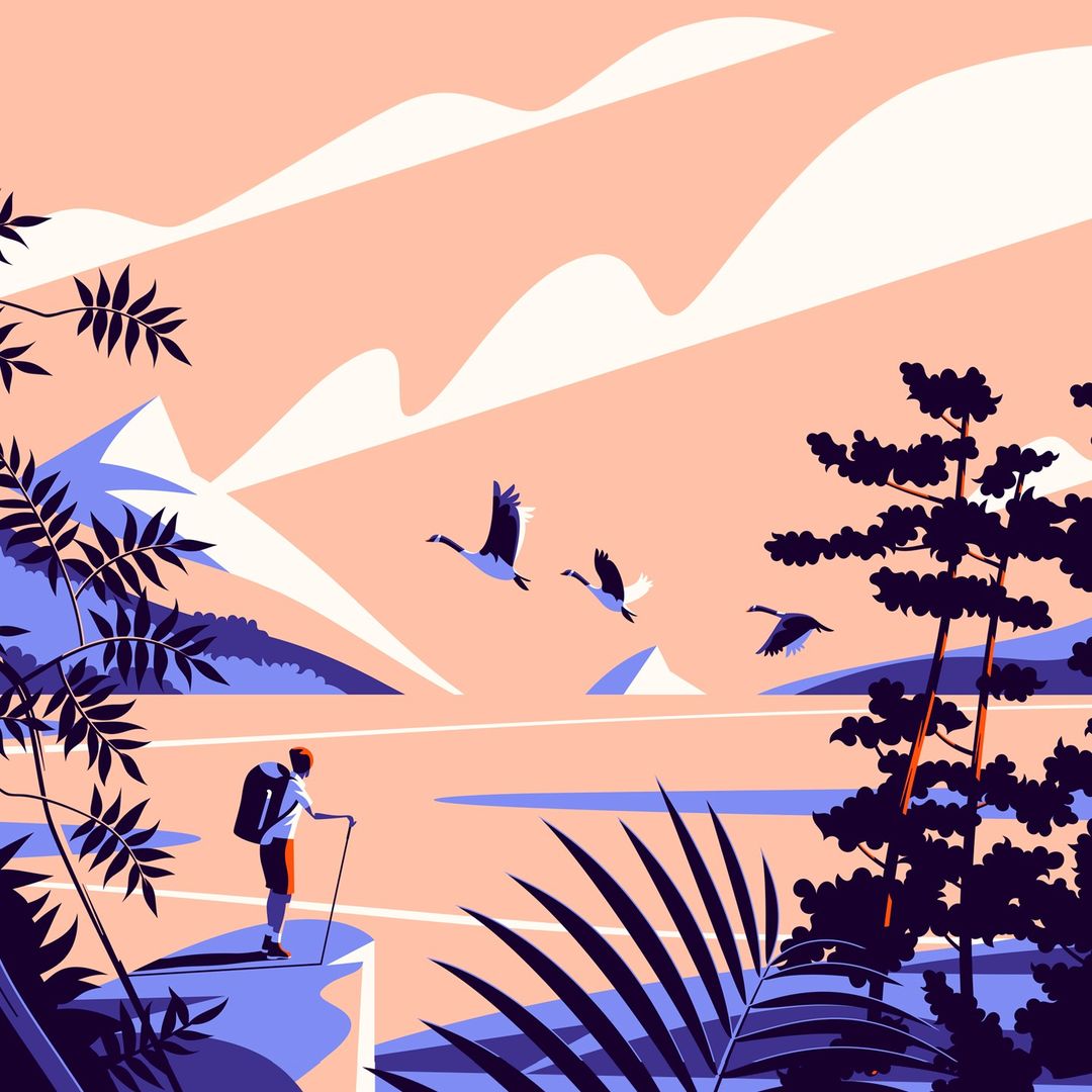Stylized vector art of a hiker on a cliff overlooking a mountain lake with flying geese, trees, and distant mountains against a peach sky.