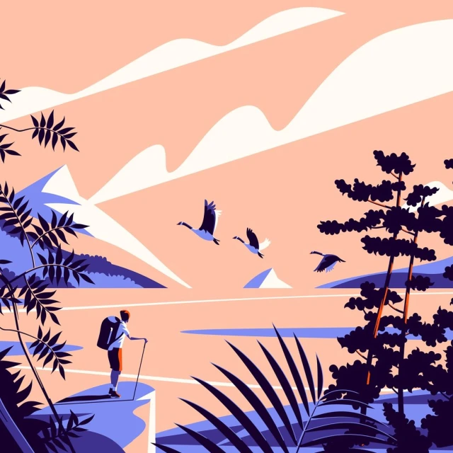 Stylized vector art of a hiker on a cliff overlooking a mountain lake with flying geese, trees, and distant mountains against a peach sky.