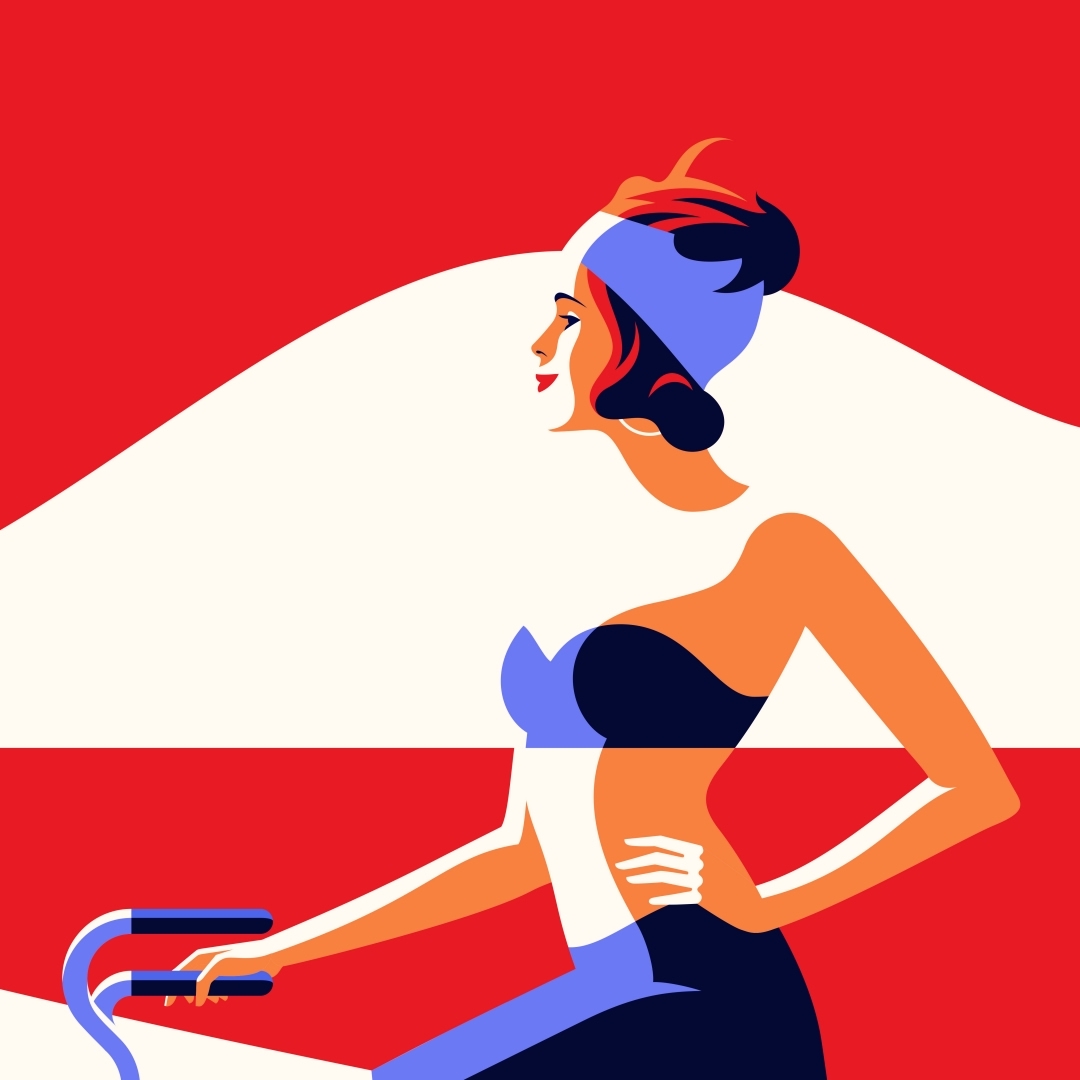 Illustration of a woman on a bicycle with a red and white color palette, showcasing a blend of sport, fitness, and art.