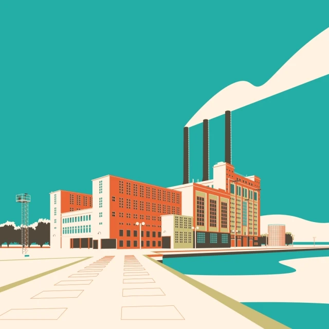 Illustration of a factory with red brick buildings, smokestacks with smoke, pathway, and trees against a blue sky.