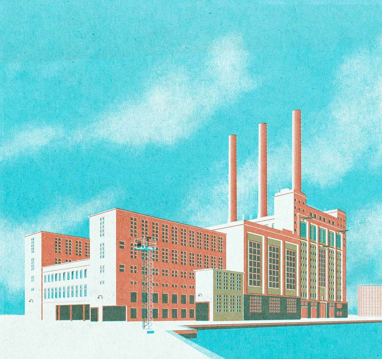 Illustration of an industrial building with three smokestacks against a blue sky with faint clouds, rendered in a textured, vintage style.