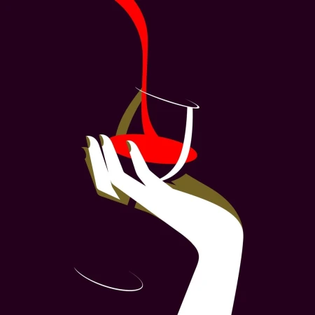 Illustration of a stylized hand holding a wine glass as red wine is poured, set against a dark plum background, graphic design.