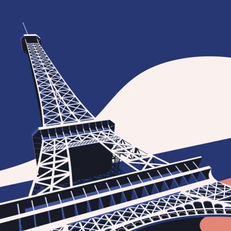Illustration of the Eiffel Tower in Paris, France, rendered in geometric shapes and bold colors against a blue and white sky.