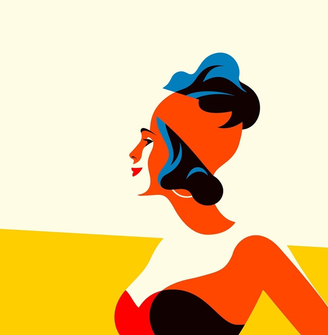 Vector illustration of a woman with red lips, dark hair, and a black and red top, set against a cream and yellow background.