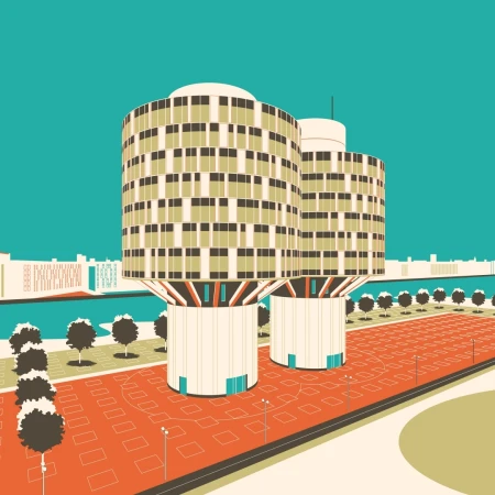 Illustration of a cylindrical building complex on a plaza, featuring a brick-paved plaza, trees, and a teal sky, rendered in a geometric style.