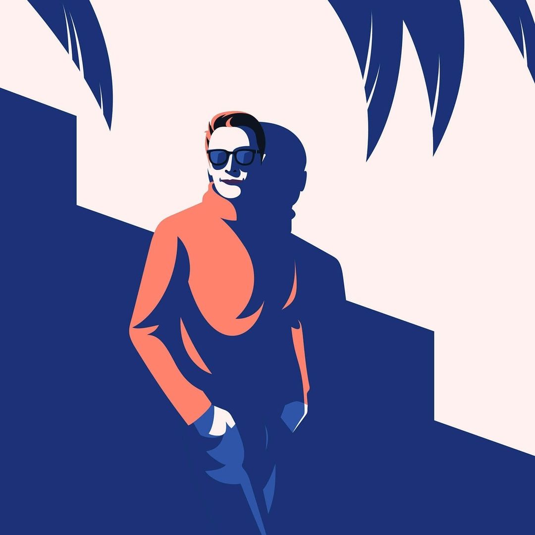 Illustration of a man in sunglasses and an orange shirt standing in the shadows of palm leaves against a white background.