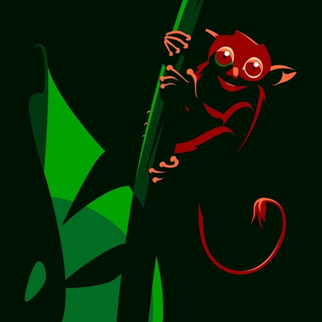 Illustration of a cartoon-style tarsier clinging to a green plant stem against a dark background, showcasing its large eyes.
