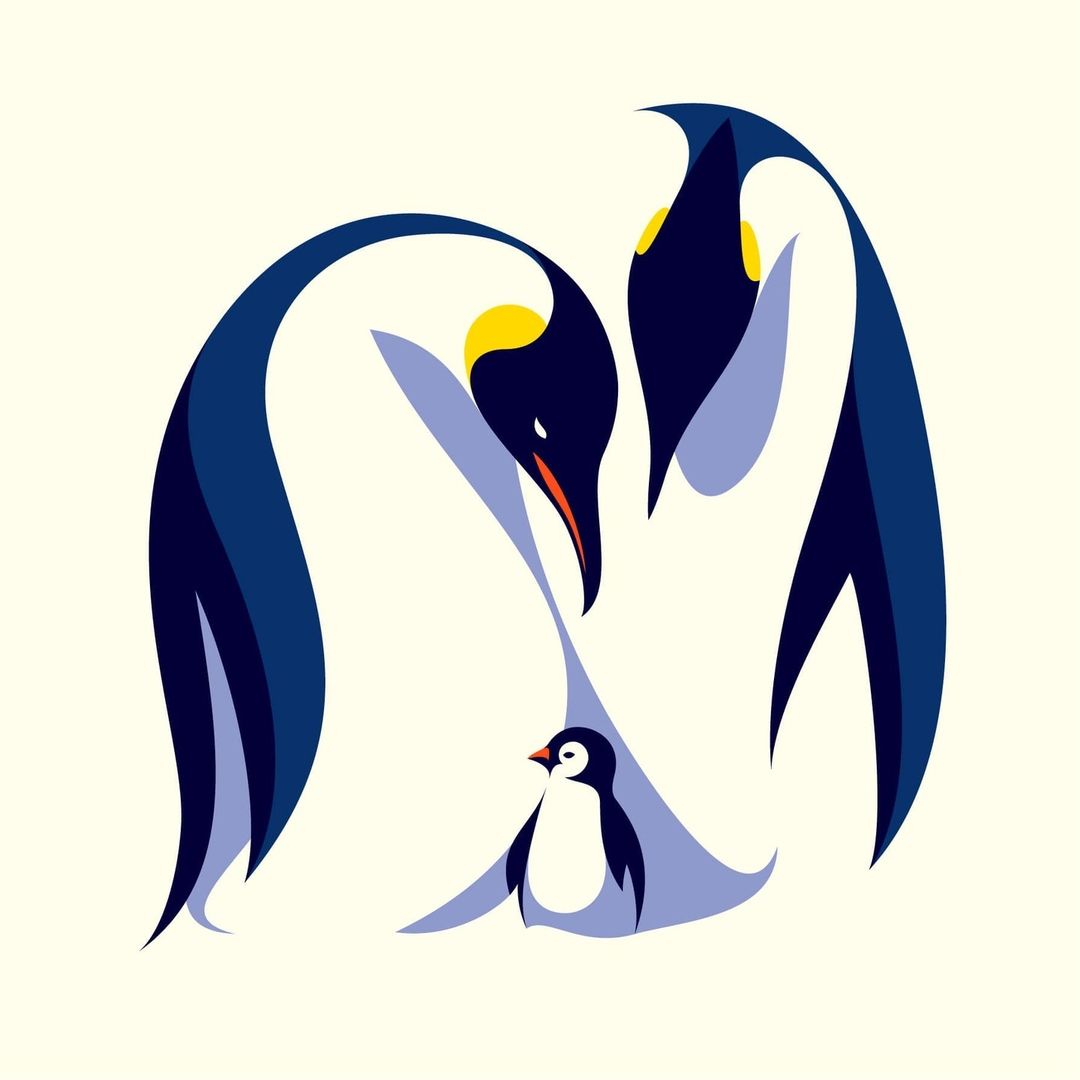 Illustration of an emperor penguin family with a chick on a light yellow background in a cartoon vector art style.