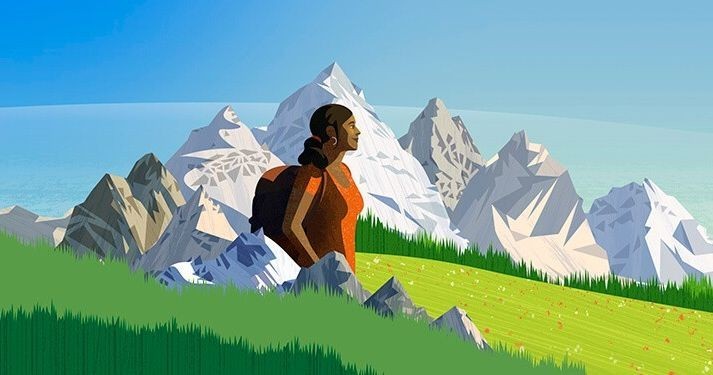 Illustration of a woman hiking in a mountainous landscape, with a clear sky and lush green meadow in the foreground.