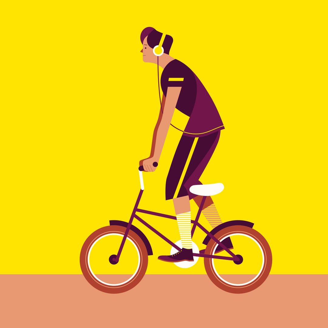 Illustration of a young adult riding a bicycle, wearing headphones, on a yellow background with a tan horizontal stripe.