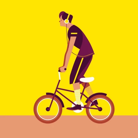 Illustration of a young adult riding a bicycle, wearing headphones, on a yellow background with a tan horizontal stripe.