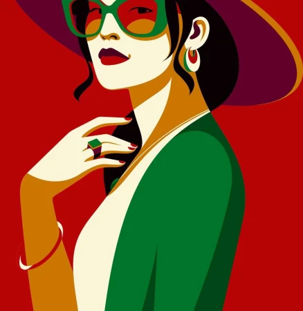Digital illustration of a stylish woman wearing green sunglasses, a purple hat, and green top against a solid red background.