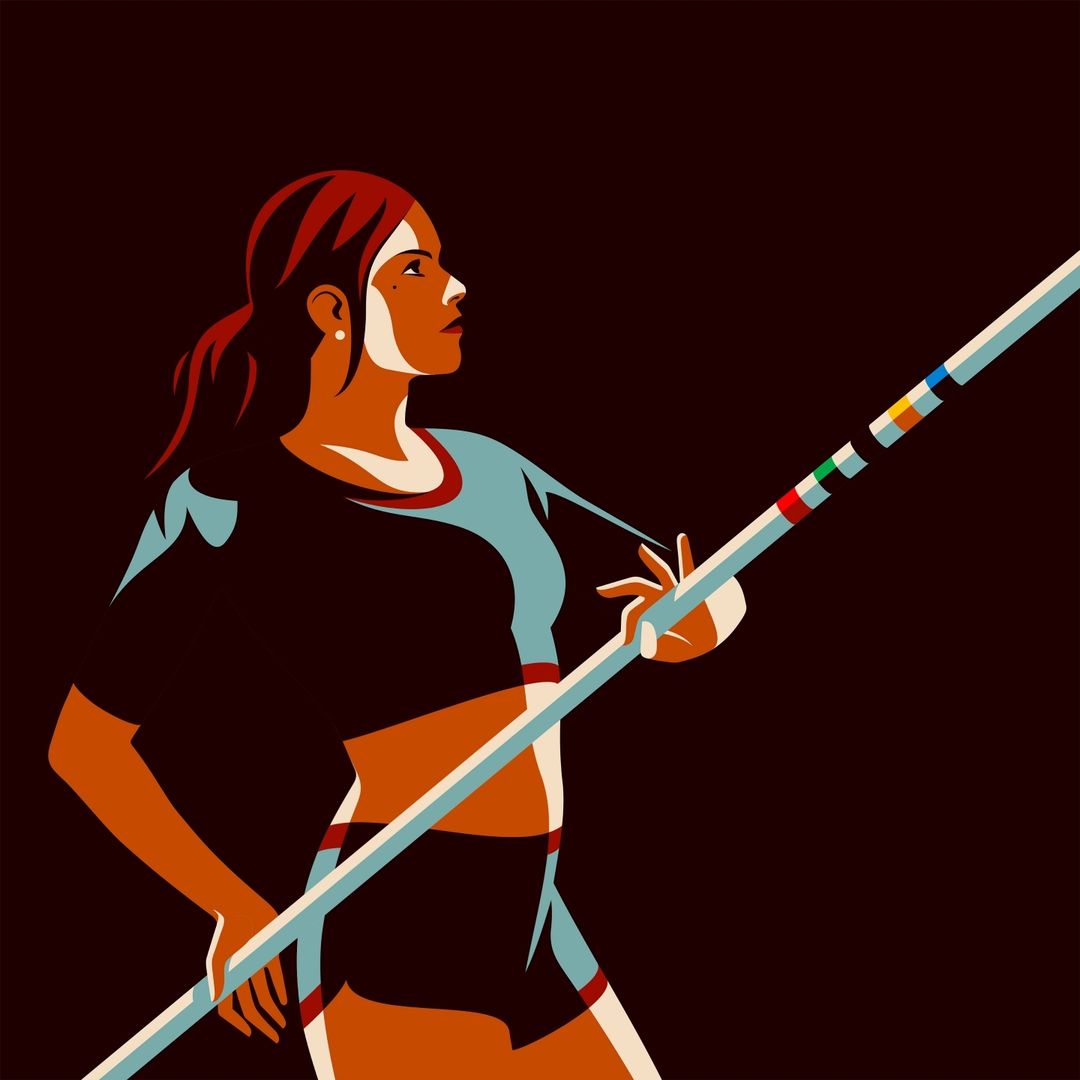 Illustration of a female pole vaulter with red hair in sportswear, holding a striped pole, set against a dark background.