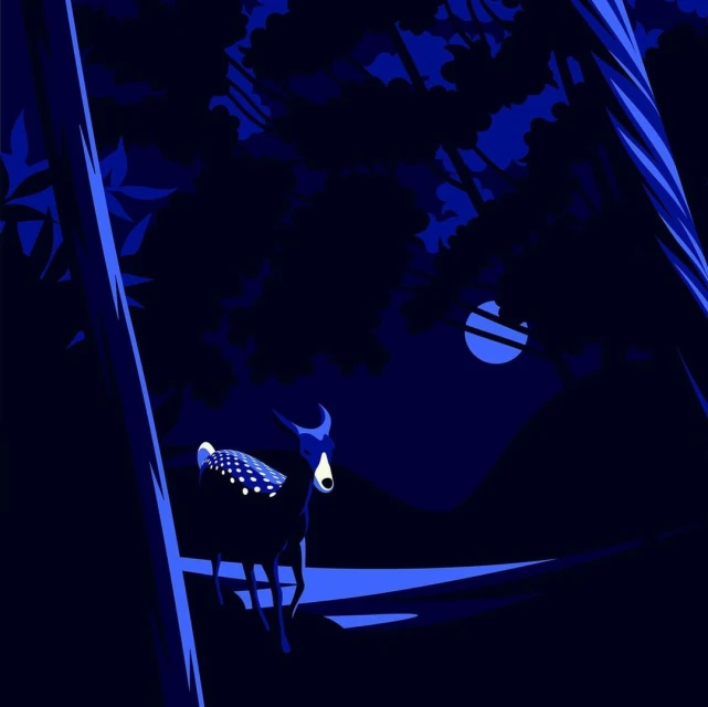 Illustration of a deer standing in a dark forest under a moonlit sky, rendered in a flat, graphic style with limited color palette.