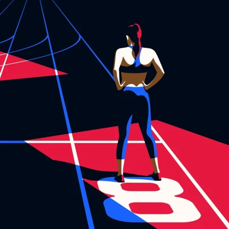 Illustration of a female athlete in sportswear standing on a graphic of the number 8 on a track, rendered in bold red and blue tones.